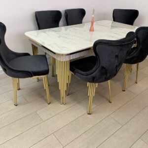 Witte marmeren tafelset Piano met 6 stoelen donkergrijs van kleur