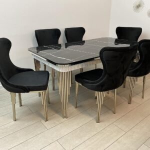 Zwarte marmeren tafelset Piano met 6 stoelen in zwarte kleur