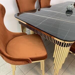 Set zwarte marmeren tafel Piano met 6 stoelen betegeld in kleur