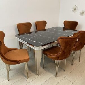 Set zwarte marmeren tafel Piano met 6 stoelen betegeld in kleur
