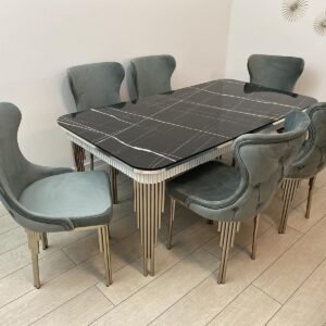 Zwarte marmeren tafelset Piano met 6 stoelen lichtgrijs van kleur