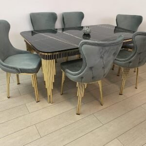 Zwarte marmeren tafelset Piano met 6 stoelen lichtgrijs van kleur