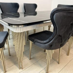 Set zwarte marmeren tafel Piano met 6 stoelen donkergrijs van kleur