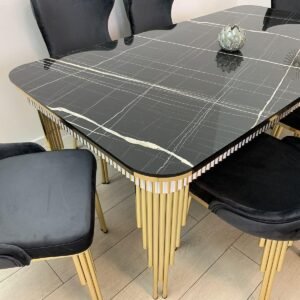 Set zwarte marmeren tafel Piano met 6 stoelen donkergrijs van kleur