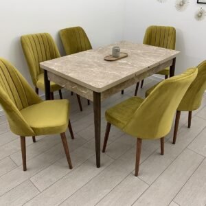 Set van bruine tafel MARMER en stoel NEW YORK mosterd