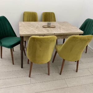 Set van bruine tafel MARMER en stoel NEW YORK mosterd, groen