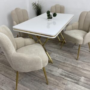 TAFELDEK ALMA WHITE EN STOEL FLORINA CHAMPAGNE KLEUR