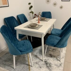 Tafeldek ANTIEK WIT en stoel NEW YORK turquoise