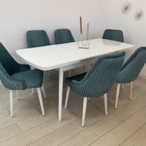 Tafeldek BIANCA en stoel JANET turquoise