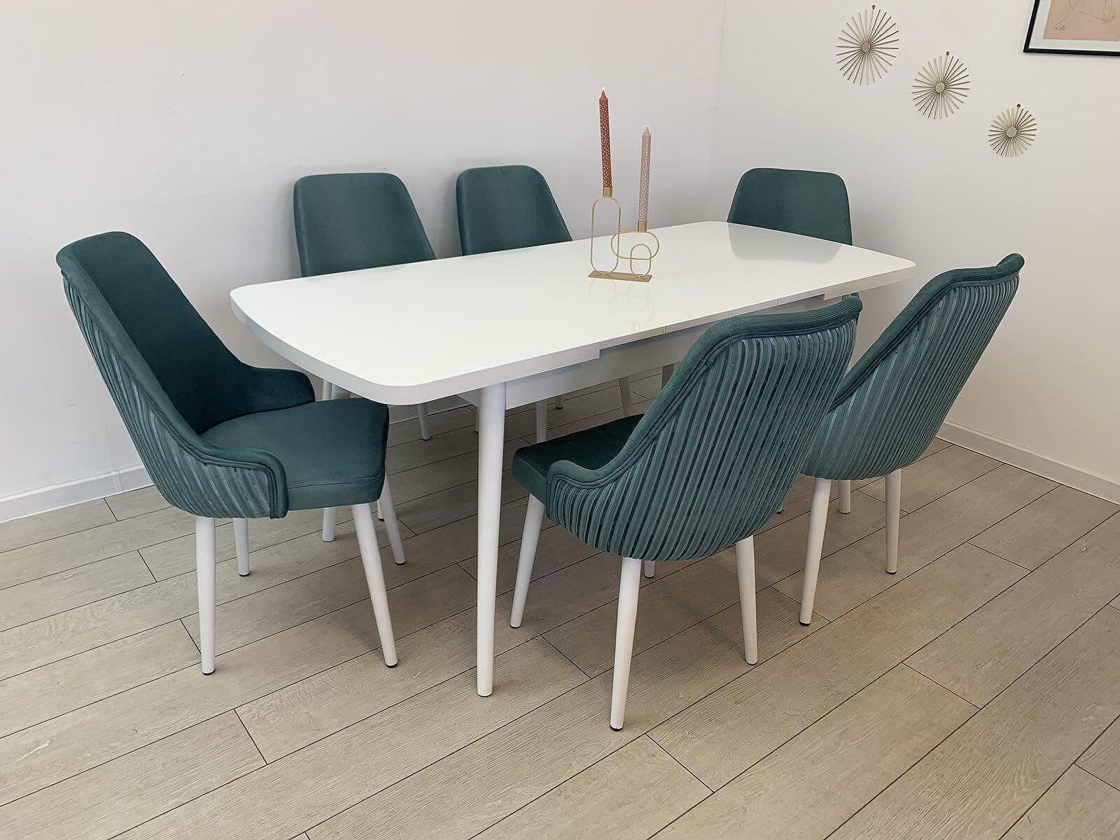 Tafeldek BIANCA en stoel JANET turquoise