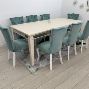 Tafeldek Marseille crème en stoel Mila turquoise