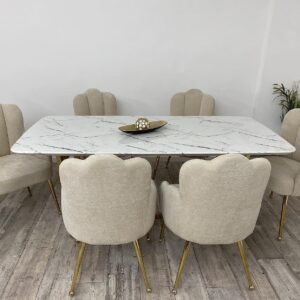 TAFELDEK RAVIA EN STOEL FLORINA CHAMPAGNEKLEUR