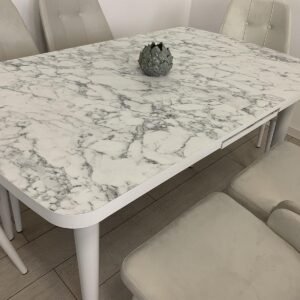 Tafelgedek SELENA wit marmer en stoel MODENA LUXURY champagne
