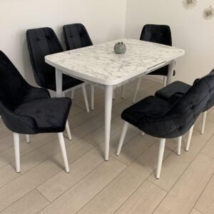 Tafeldek SELENA wit marmer en stoel MODENA LUXURY donkergrijs