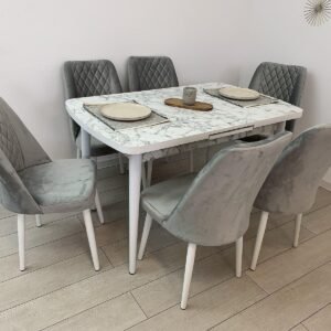 Tafelset SELENA wit marmer en stoel MONACO lichtgrijs
