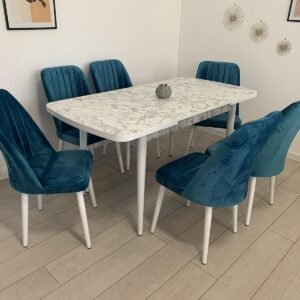 Tafeldek SELENA wit marmer en stoel NEW YORK turquoise