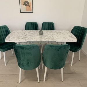 Tafeldek SELENA wit marmer en stoel NEW YORK groen