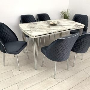 SET TAFEL SILVA EN STOEL LYDIA DONKERGRIJS MET POTEN CHROOMKLEUR