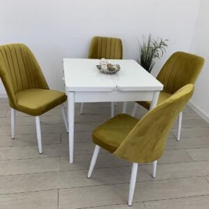 Tafeldek VEGA WIT en stoel NEW YORK kleur mosterd