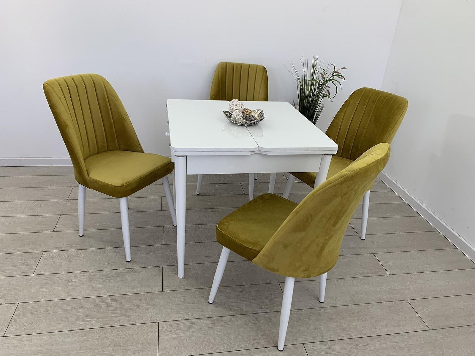 Tafeldek VEGA WIT en stoel NEW YORK kleur mosterd