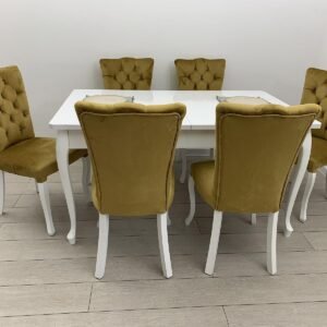 Luxe tafelset ALARA WHITE en stoel MILA mosterd