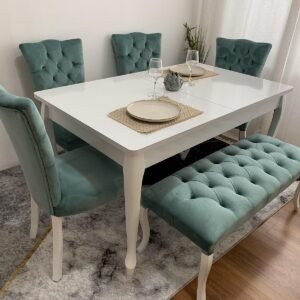 Luxe tafelset ALARA WHITE en stoel MILA turquoise met bank