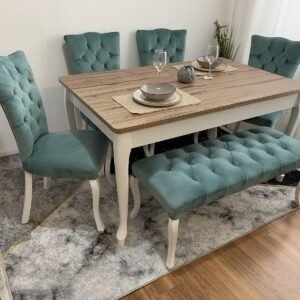 Luxe tafelset ALARA WIT EN WALNOOT en stoel MILA turquoise met bank