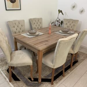 Luxe tafelset ALARA WALNUT en stoel MILA lichtbeige