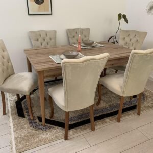 Luxe tafelset RAVENA WALNUT en stoel MILA lichtbeige