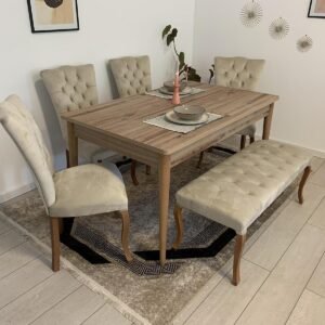 Luxe tafelset RAVENA WALNUT en stoel MILA lichtbeige met bankje