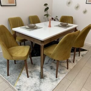 ANA WITTE EN WALNOOT TAFEL, stoel NEW YORK mosterd