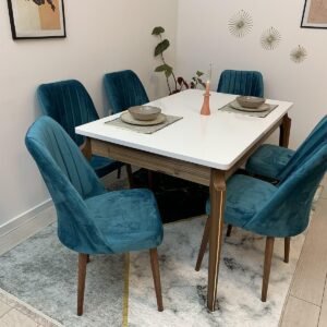 ANA WITTE EN WALNOOT TAFEL, stoel NEW YORK turquoise
