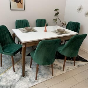 ANA WIT EN WALNOOT TAFEL, stoel NEW YORK groen