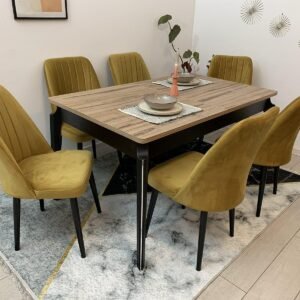 ANA ZWARTE EN WALNOOT TAFEL, stoel NEW YORK mosterd