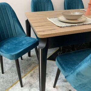 ANA ZWARTE EN WALNOOT TAFEL, stoel NEW YORK turquoise